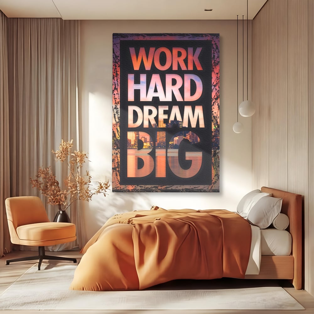 Tablou canvas cu tablou motivational cu peisaj urban nocturn, fara rama, pe sasiu de lemn, pe perete intr-un dormitor